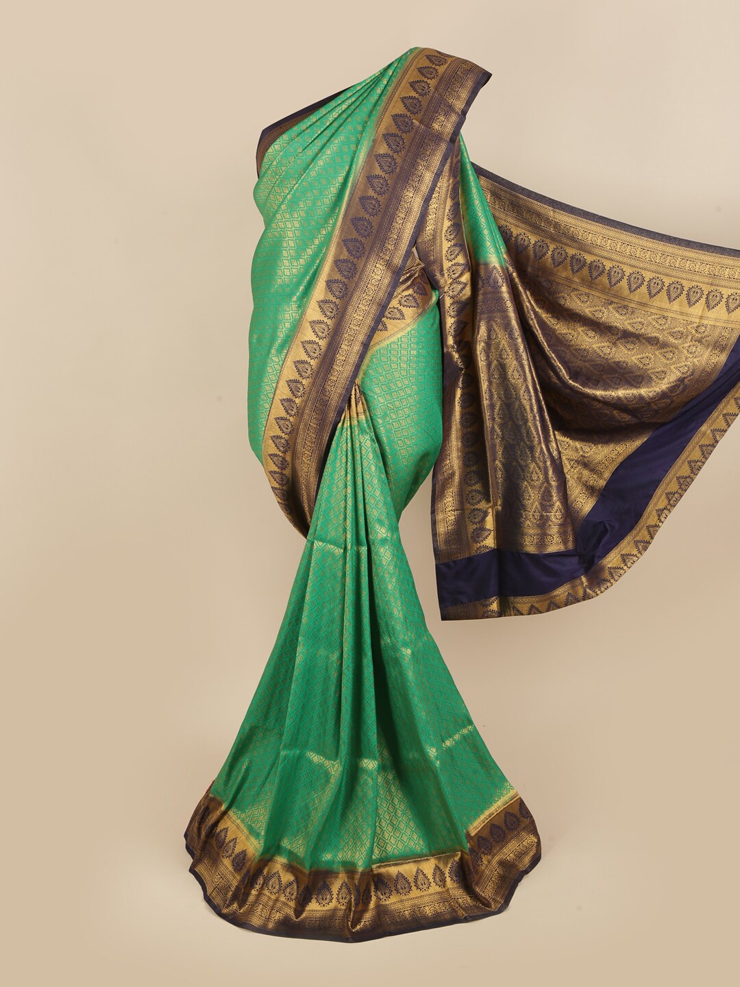 

Pothys Green & Navy Blue Floral Zari Art Silk Saree