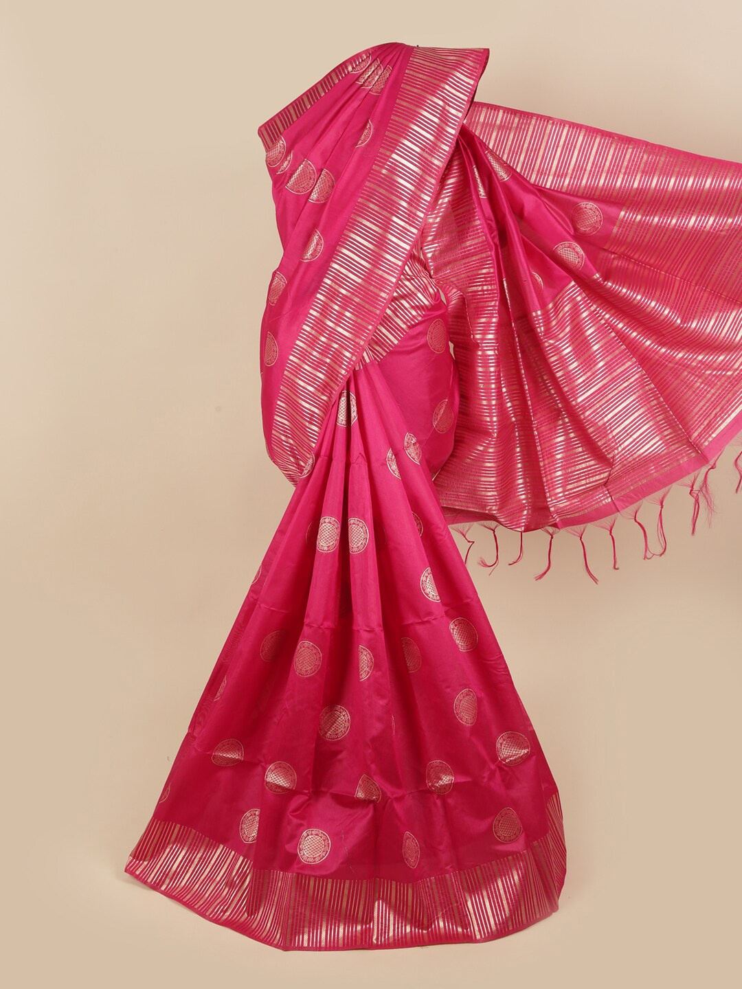 

Pothys Pink & Silver-Toned Zari Jute Silk Saree