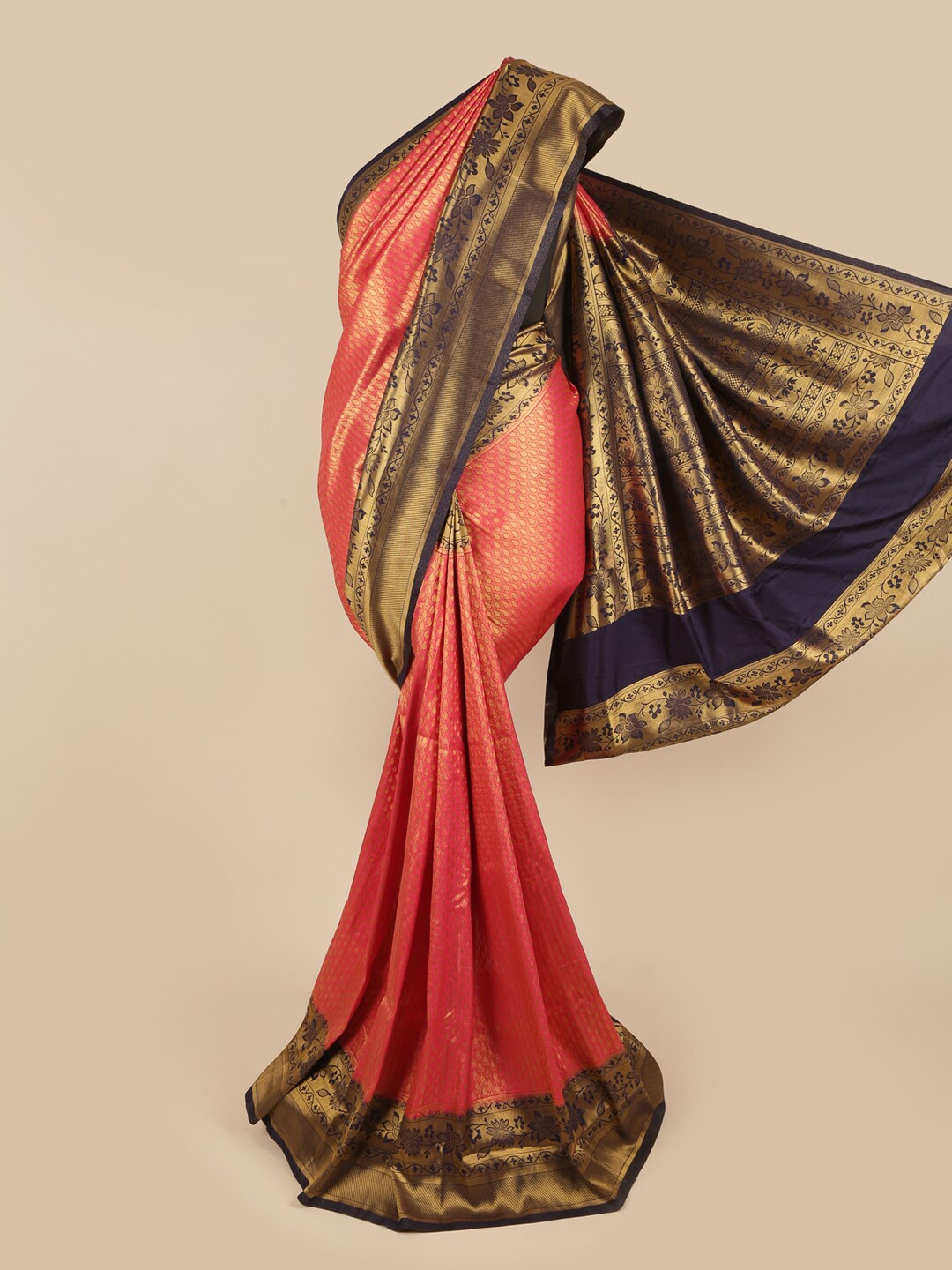 

Pothys Pink & Navy Blue Floral Art Silk Saree