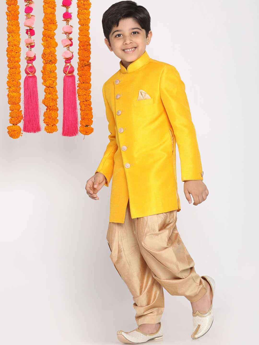 

VASTRAMAY Boys Mustard Yellow & Beige Solid Sherwani With Dhoti
