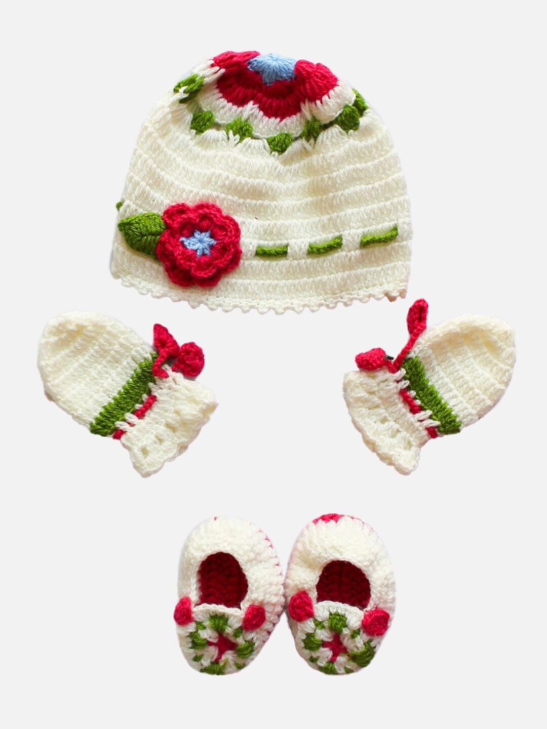 

Woonie Unisex Kids Cream Handmade Cap Mittens and Booties Set