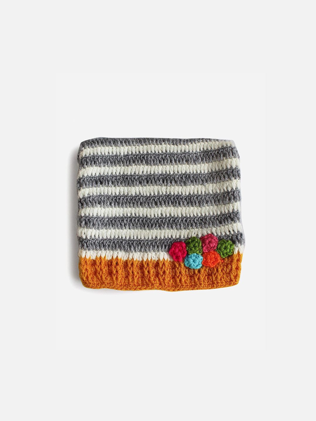 

Woonie Unisex Kids White & Grey Striped Beanie With Floral Detail