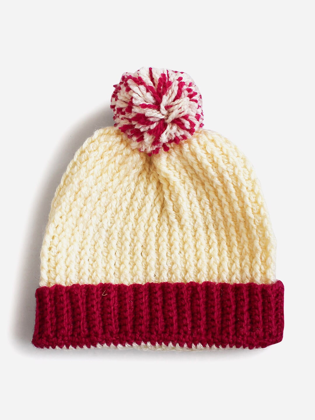 

Woonie Kids Cream & Maroon Colourblocked Acrylic Handmade Beanie