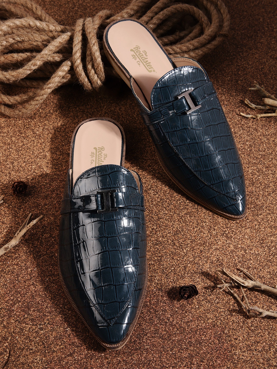 

Roadster Women Teal Blue Croc Textured Glossy Finish Mules with Buckles