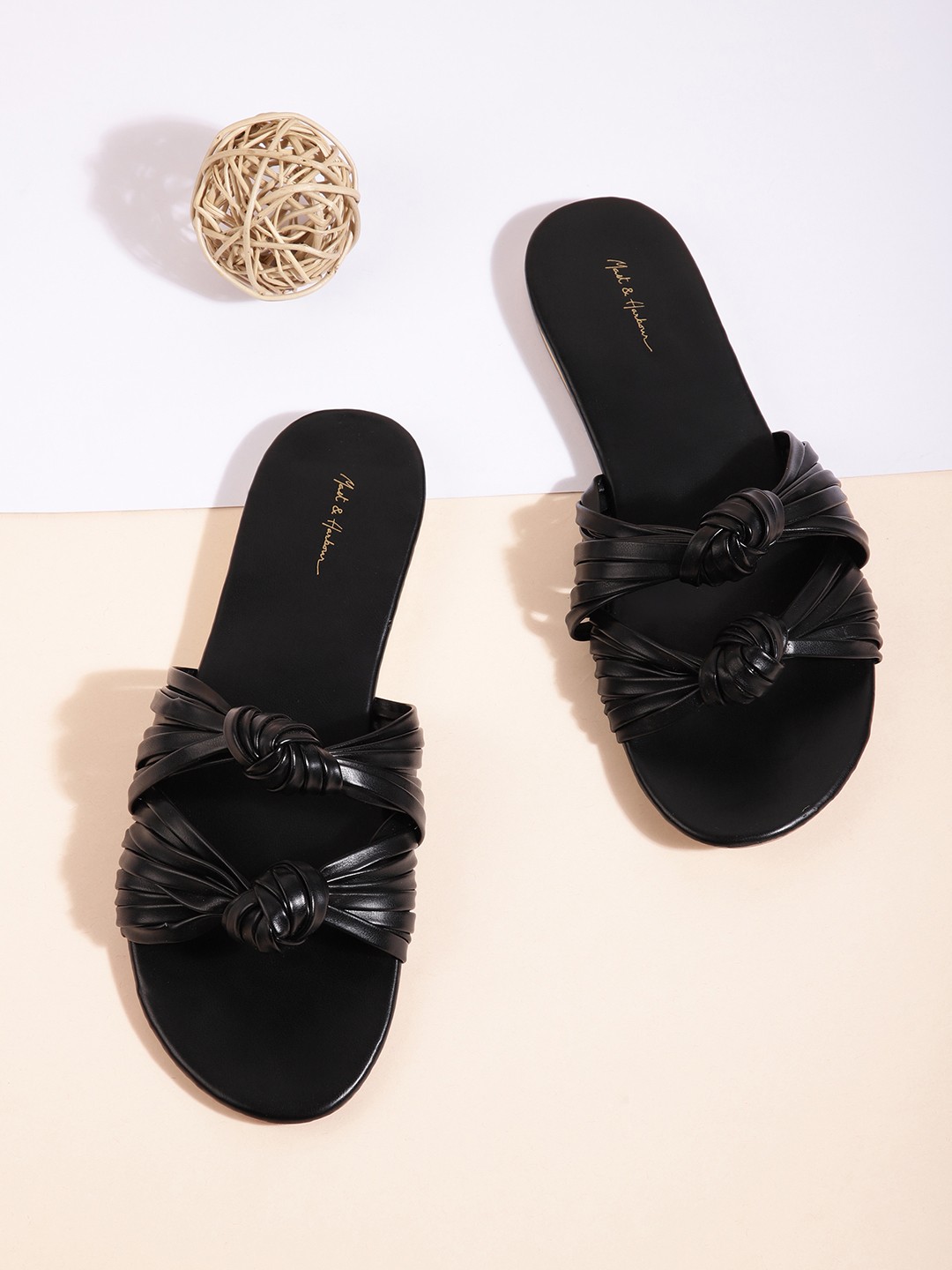 

Mast & Harbour Women Black Solid Knot Design Open Toe Flats