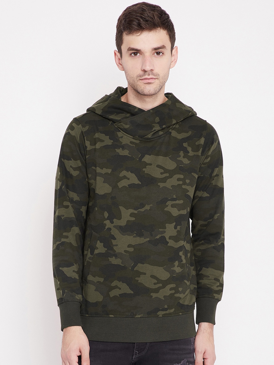 

PUNK Men Olive Green Printed Hooded Sweatshirt