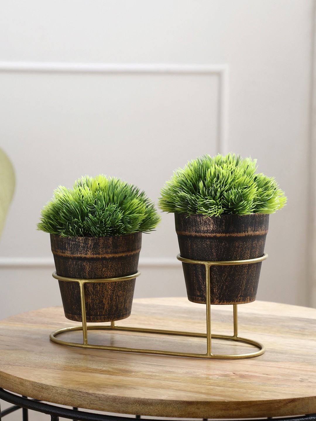 

FOLIYAJ Set Of 2 Green Bushy Leaves Artificial Plant With Metal Holder