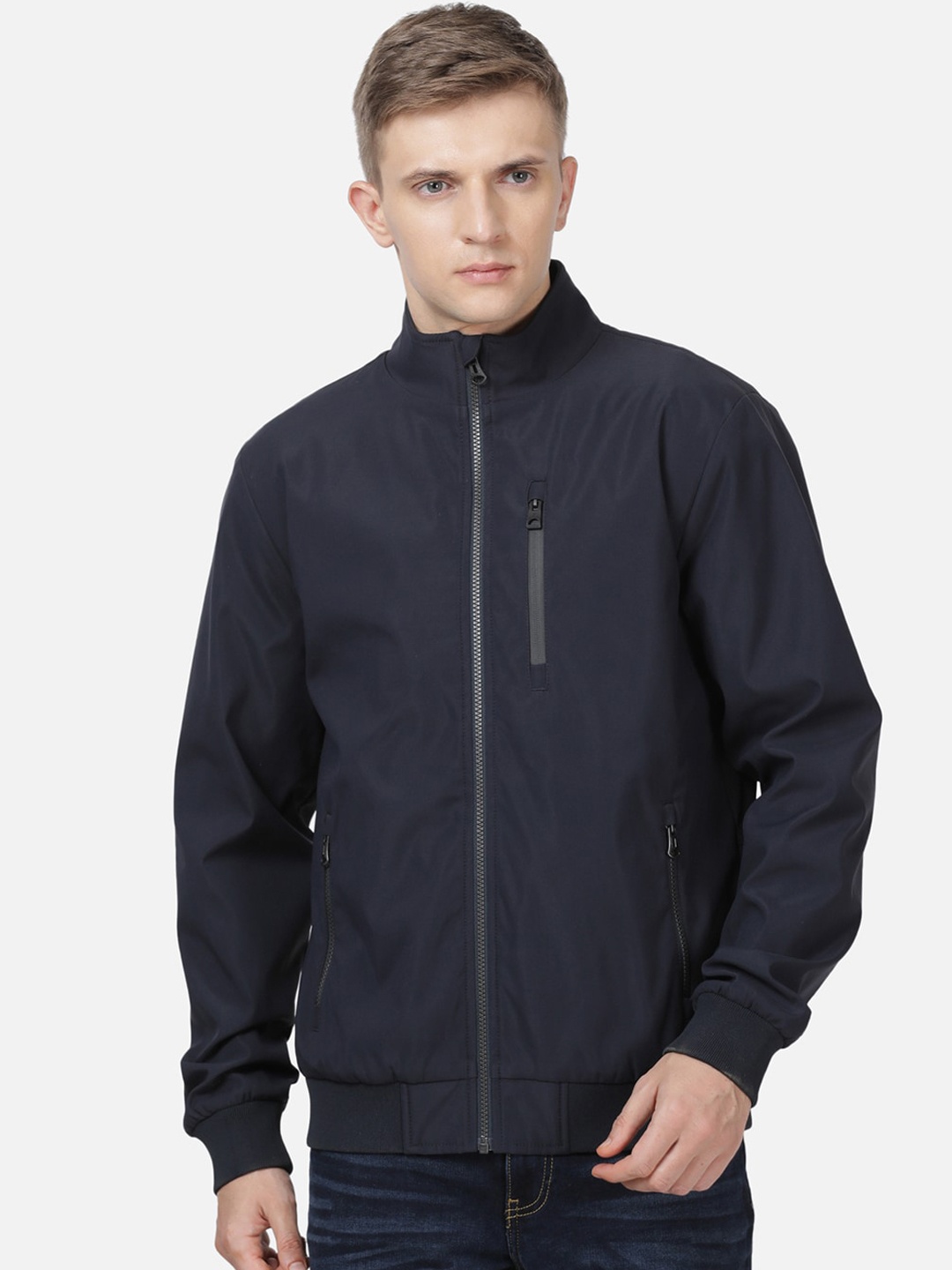 

t-base Men Navy Blue Solid Lightweight Bomber Jacket