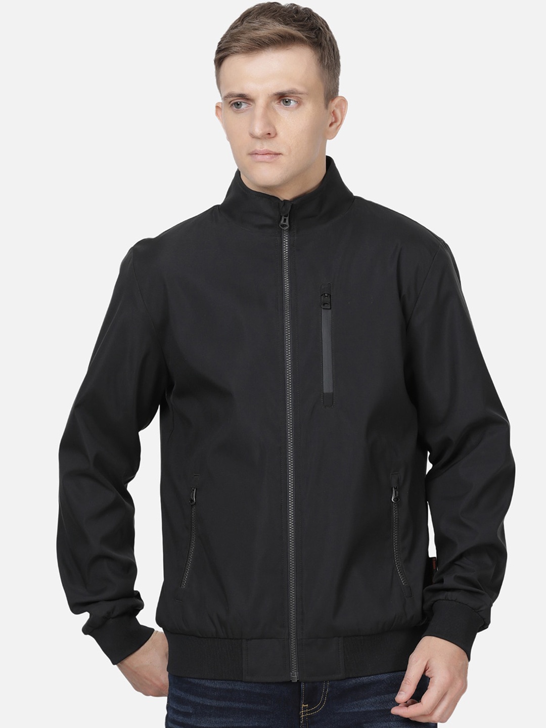 

t-base Men Black Solid Lightweight Bomber Jacket