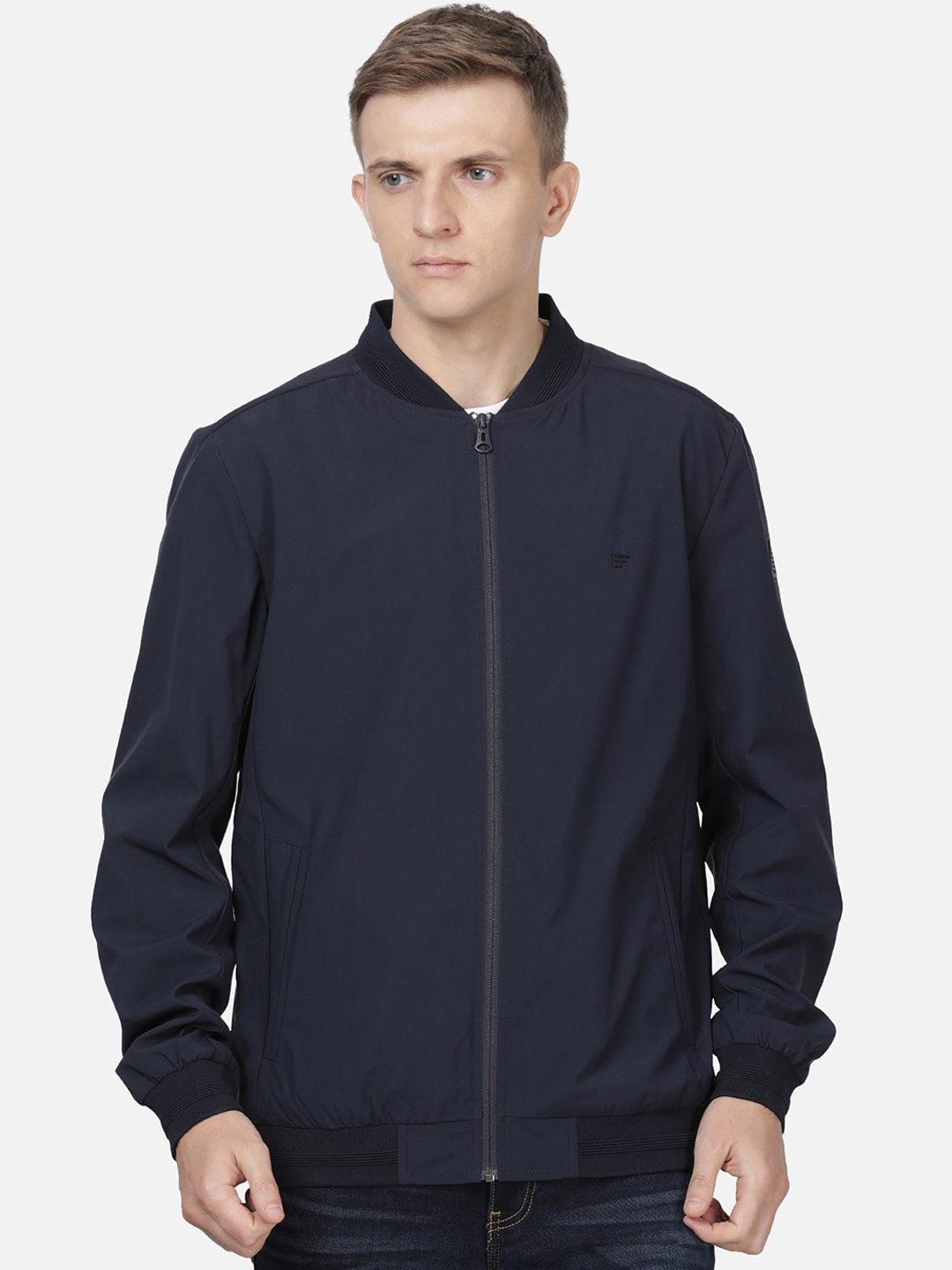 

t-base Men Navy Blue Solid Lightweight Biker Jacket