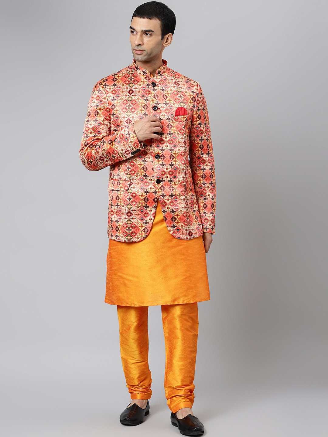 

Hangup Men Orange Ethnic Motifs Layered Kurta with Pyjamas