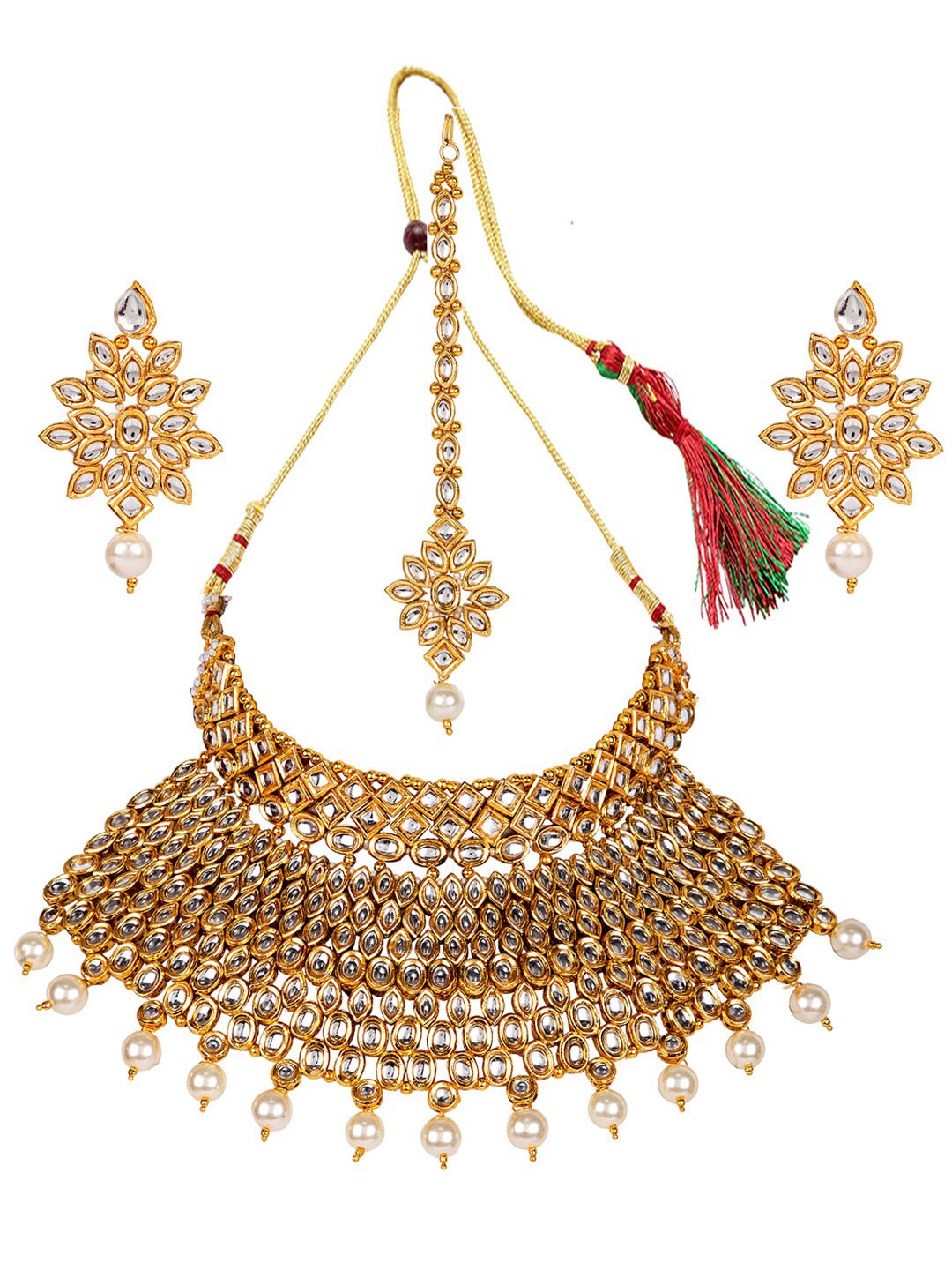 

ANIKAS CREATION Gold-Plated White Stone-Studded Beaded Jewellery Set