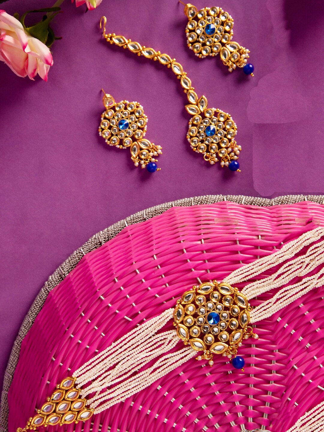 

ANIKAS CREATION White & Blue Stone-Studded Gold-Plated Jewellery Set