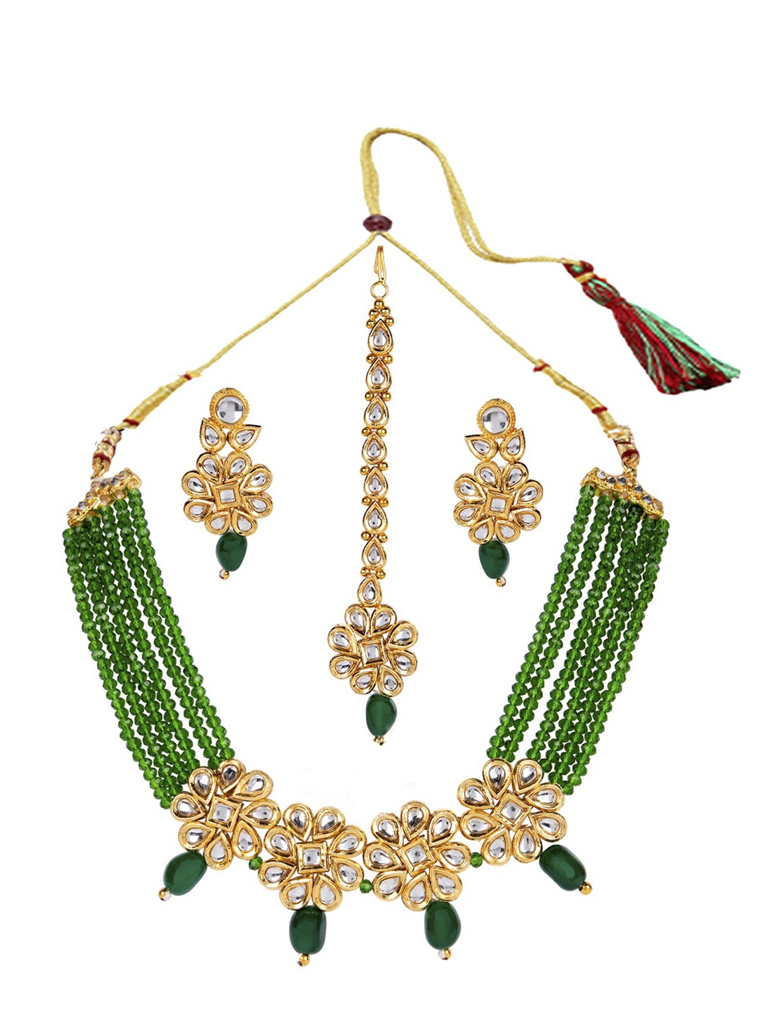 

ANIKAS CREATION Green & White-Toned & Gold-Plated tudded Necklace Earrings & Maang Tikka