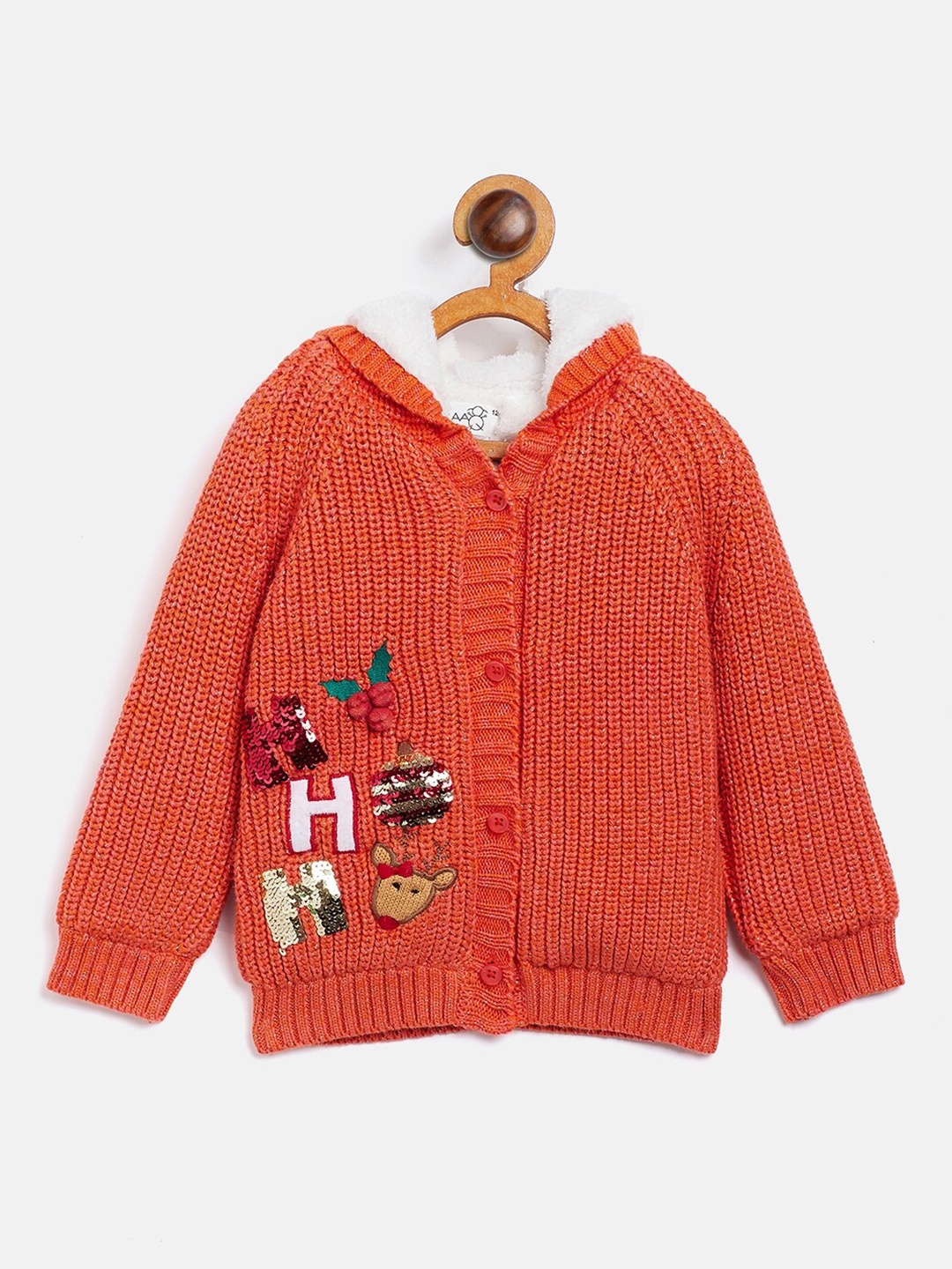 

JWAAQ Girls Orange & Multicoloured Cable Knit Front-Open Sweater with Applique Detail
