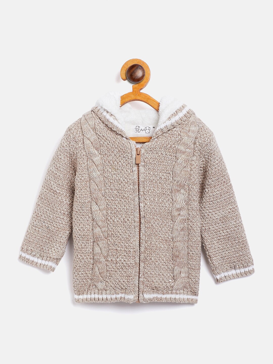 

JWAAQ Unisex Kids Beige Front-Open Open Knitted Hooded Sweater