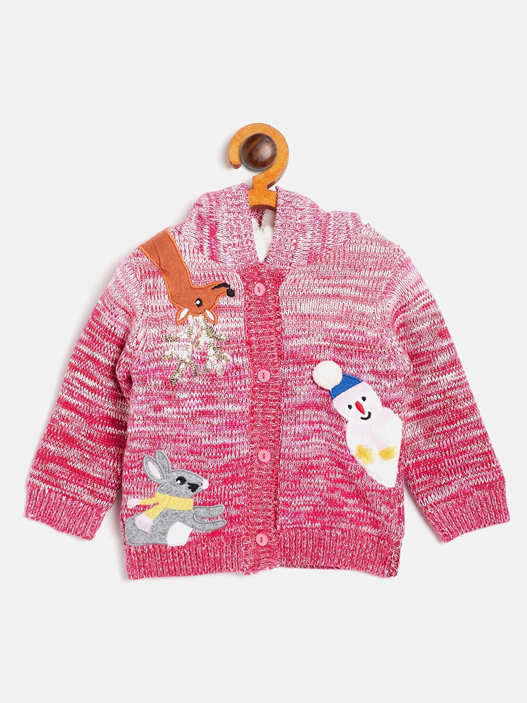 

JWAAQ Unisex Kids Pink & White Cable Knit Hooded Cardigan with Applique Detail