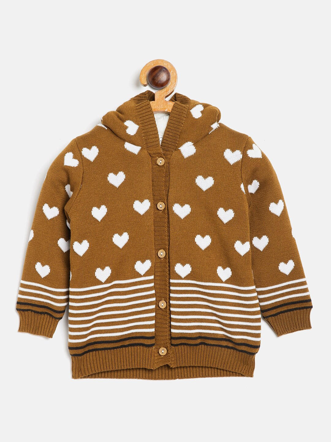 

JWAAQ Unisex Kids Brown & White Heart Printed Hooded Cardigan