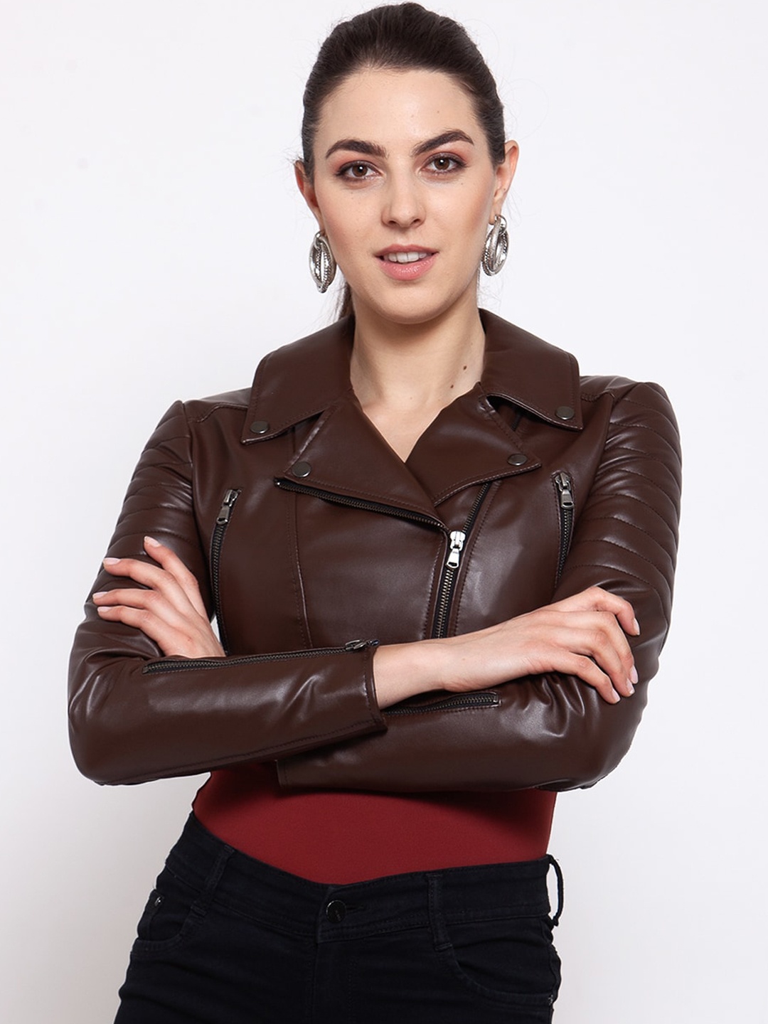 

BEAVER Women Brown Solid Crop Biker Jacket