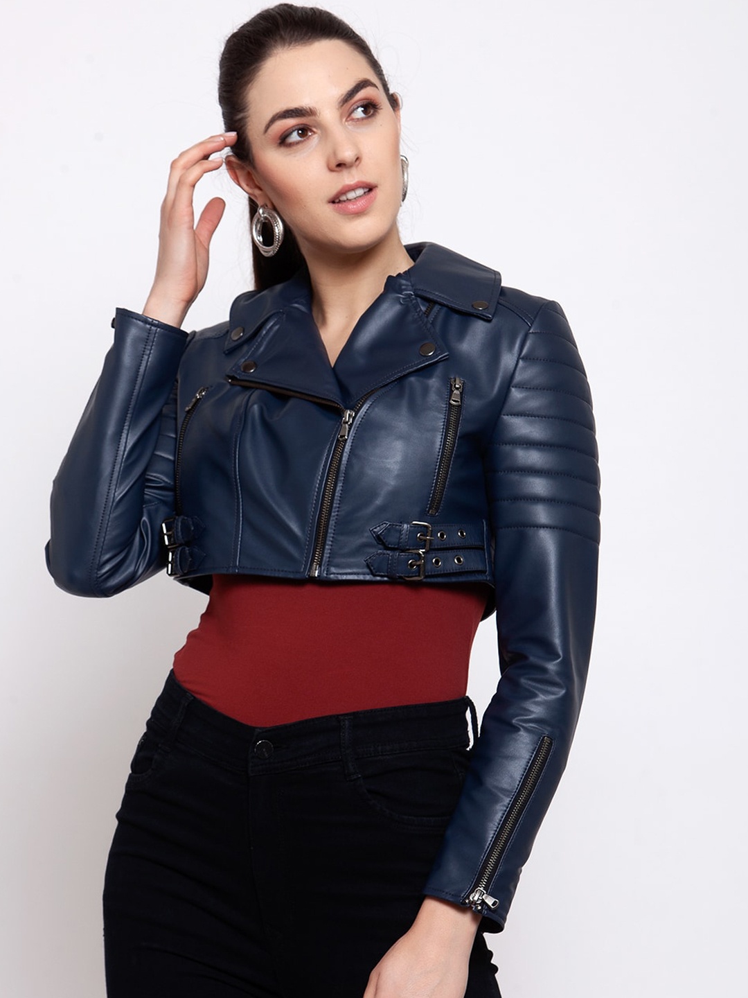 

BEAVER Women Teal Blue Crop Biker Jacket