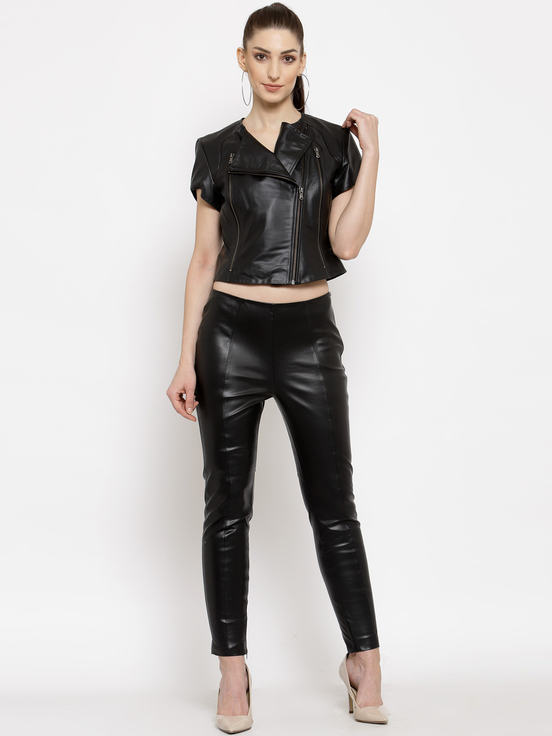 

BEAVER Women Black Solid Crop Biker Jacket