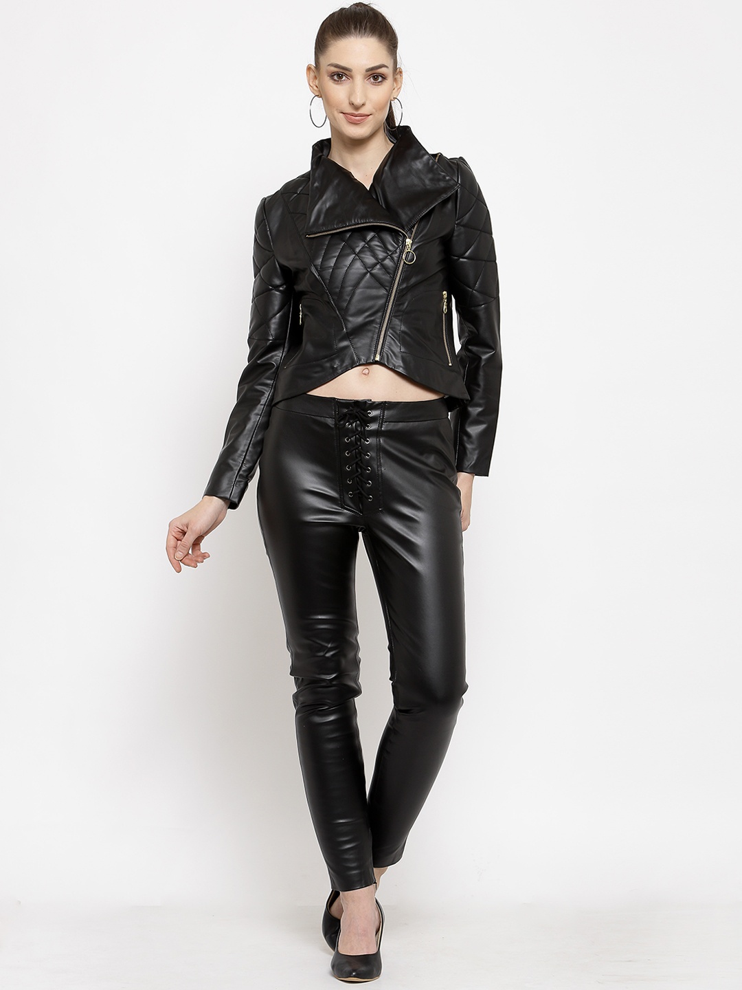 

BEAVER Women Black Solid Crop Biker Jacket