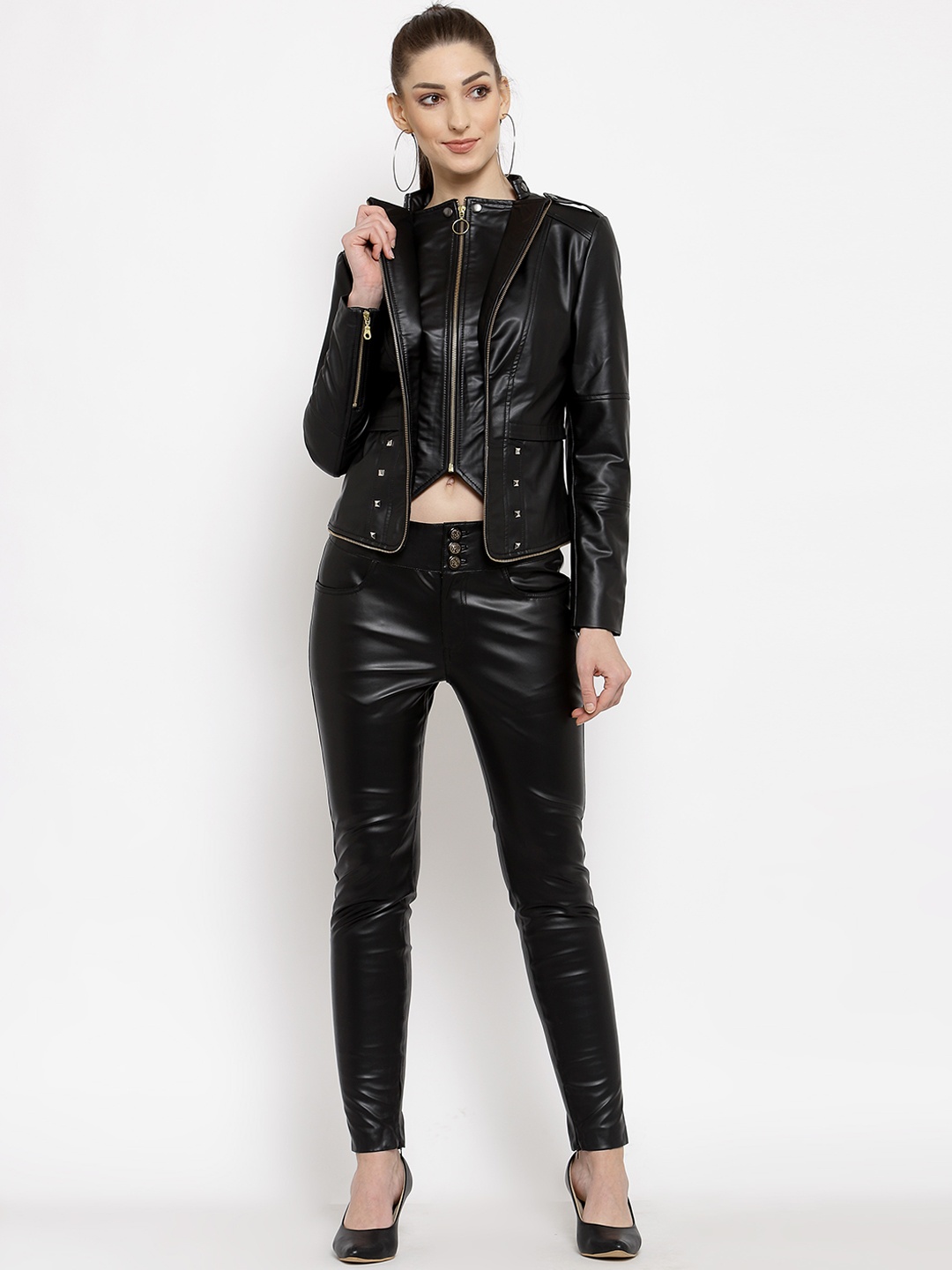 

BEAVER Women Black Solid Leather Jacket