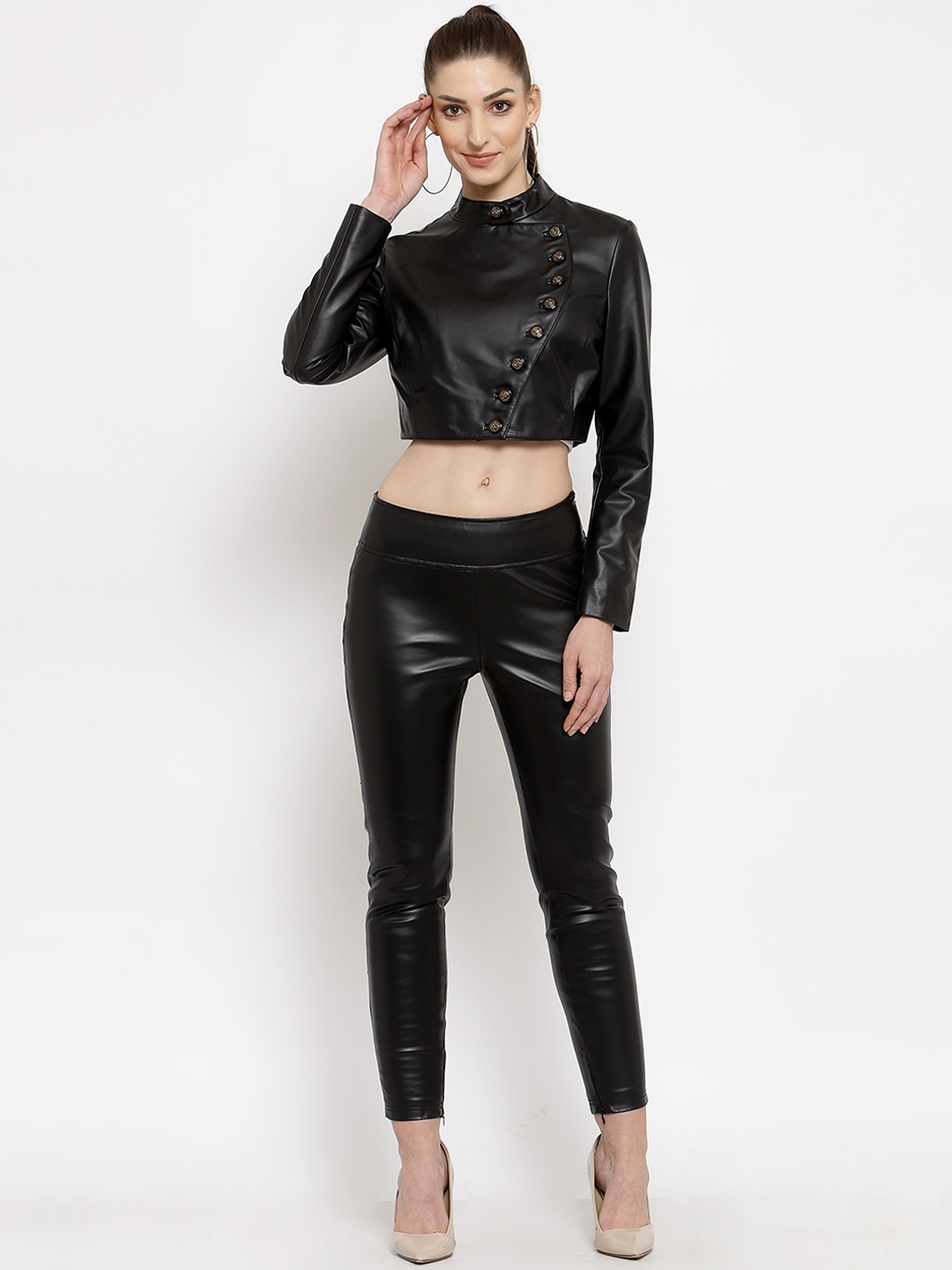 

BEAVER Women Black Solid Crop Leather Jacket