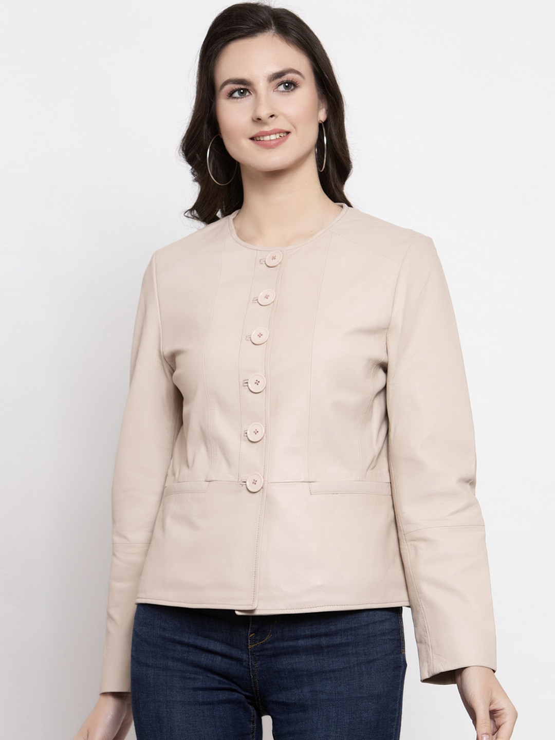 

BEAVER Women Beige Leather Insulator Leather Jacket