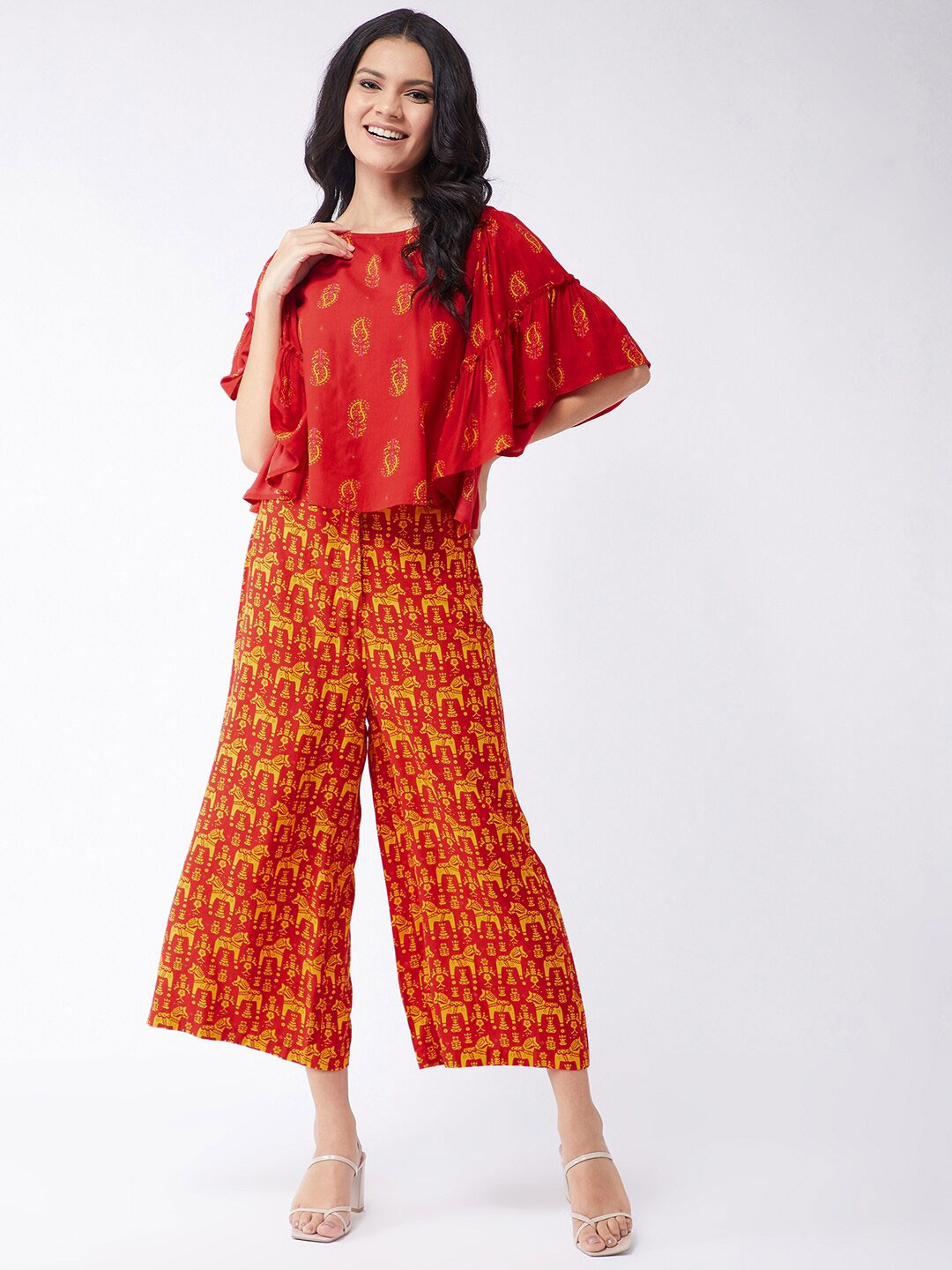 

Pannkh Women Red & Yellow Ethnic Motifs Printed Top & Trousers