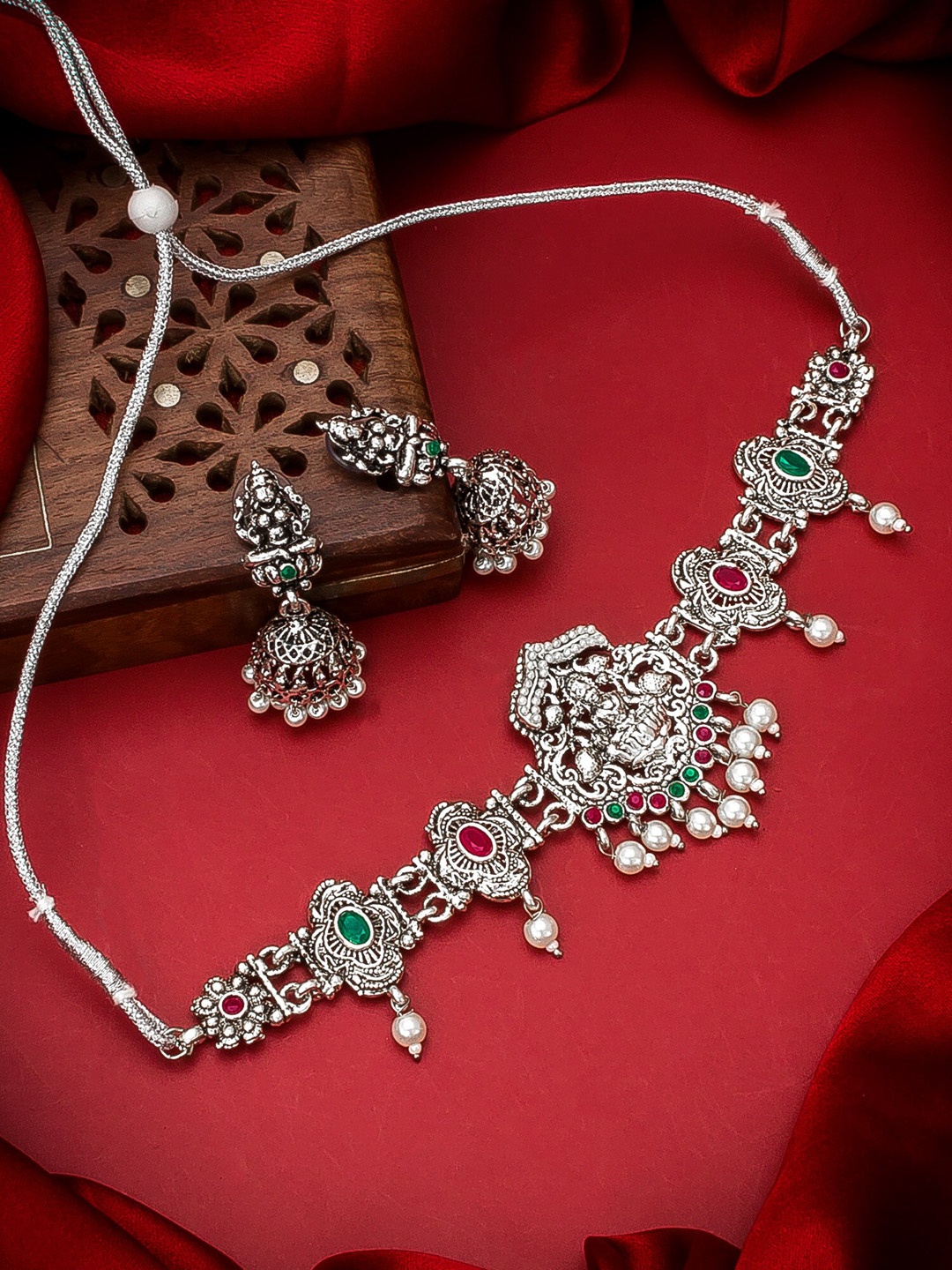 

aadita German Oxidised Silver-Plated Stone-Studded Tribal Jewellery Set