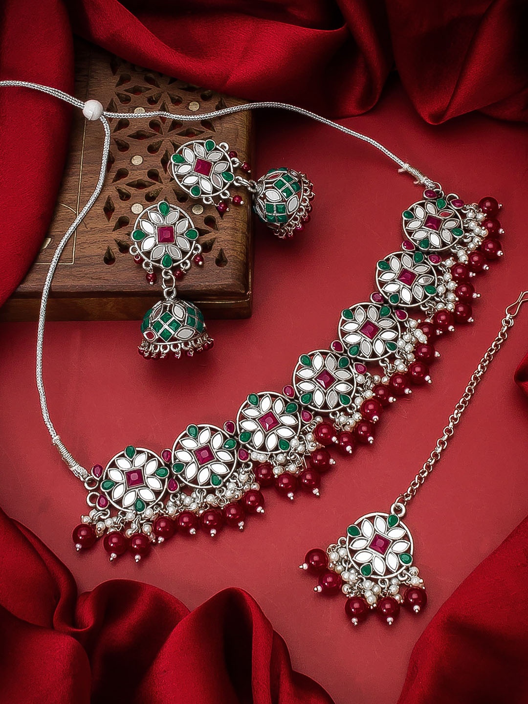 

Aadita Gold-Plated Green & Maroon Stone-Studded & Pearl Beaded Handcrafted Jewellery Set