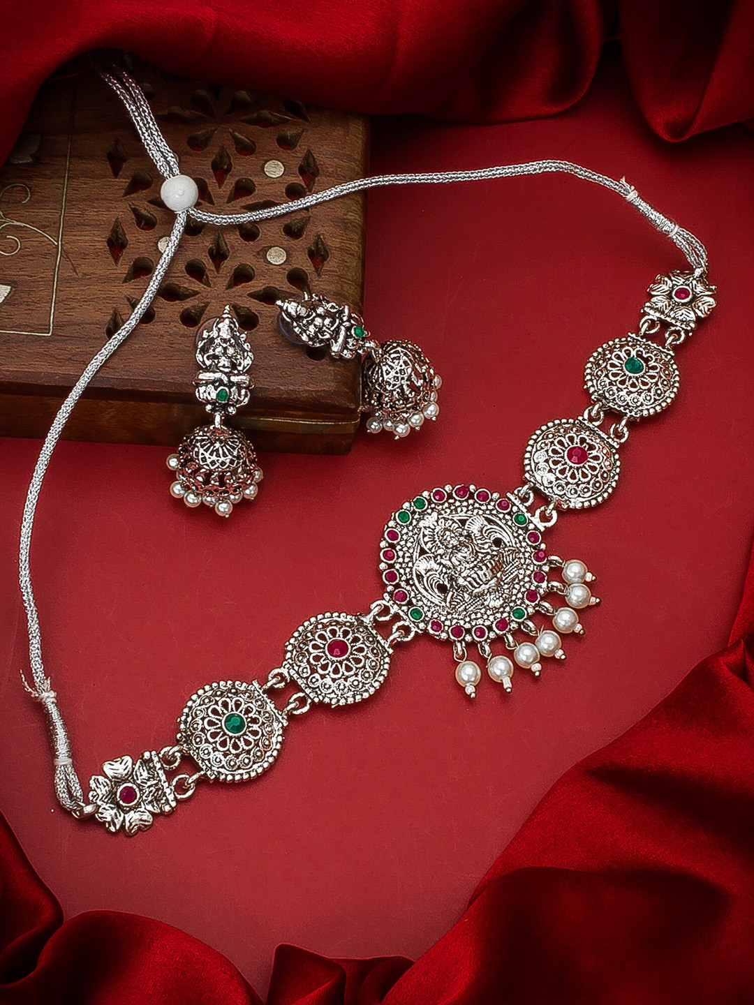 

aadita German Oxidised Silver-Plated Stone-Studded Tribal Jewellery Set