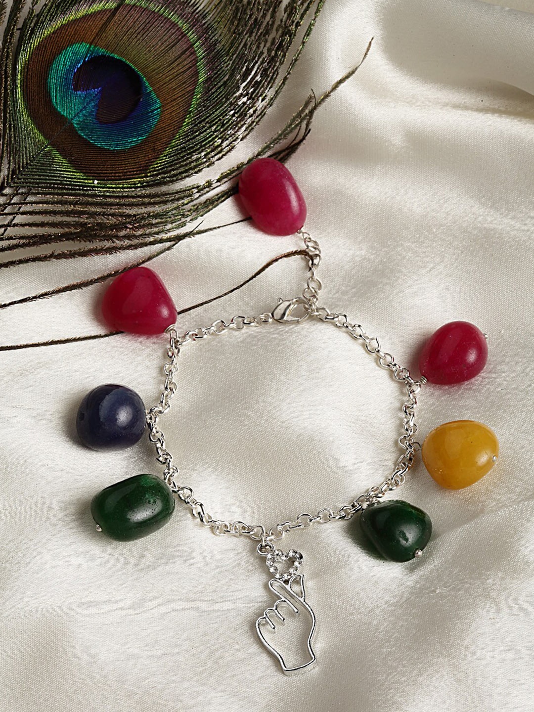 

DUGRISTYLE Women Multicoloured & Silver-Toned Sterling Silver Handcrafted Charm Bracelet, Multi