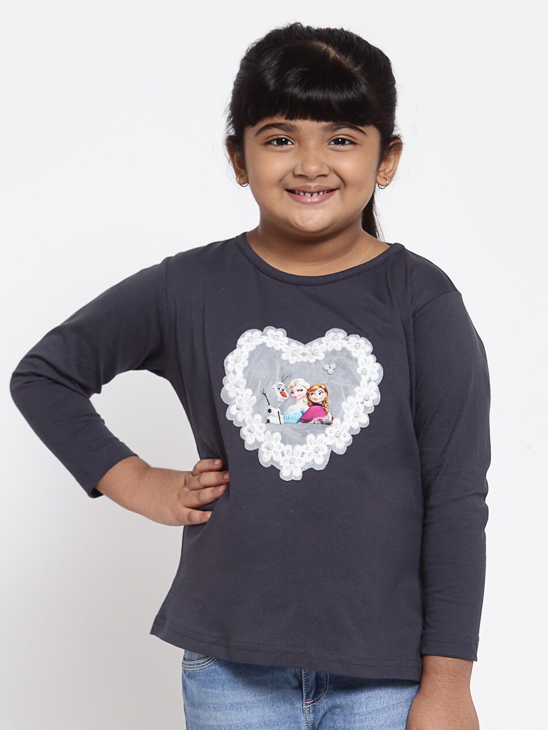 

NYNSH Girls Navy Blue Printed Applique T-shirt