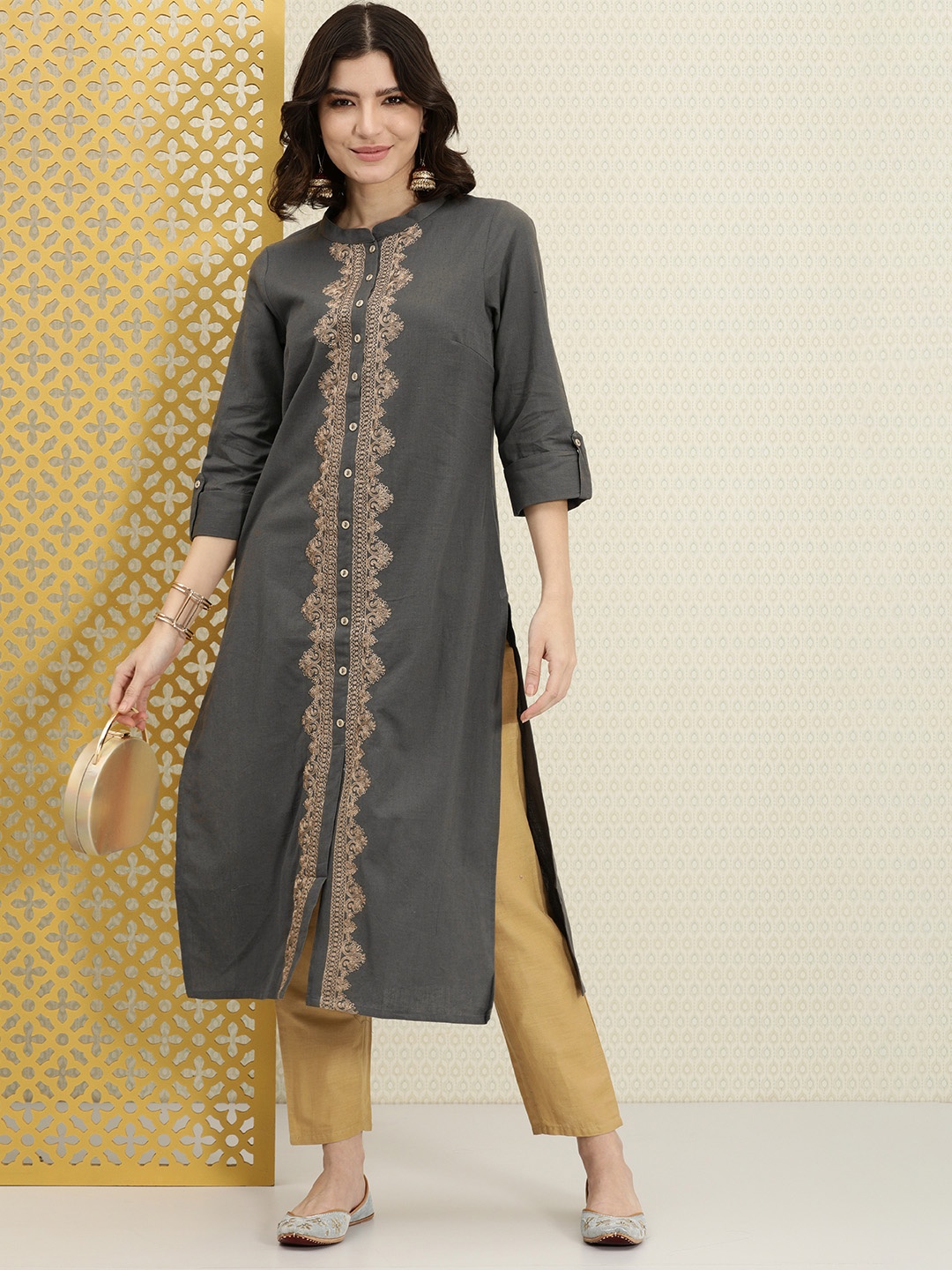 

House of Pataudi Women Grey Embroidered Rozana Kurta