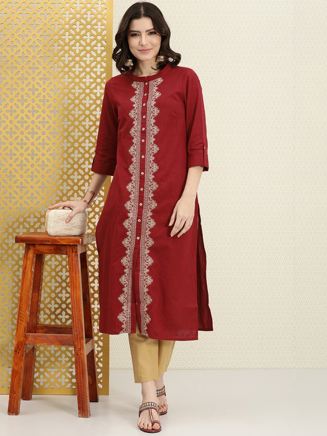

House of Pataudi Women Maroon Embroidered Rozana Kurta