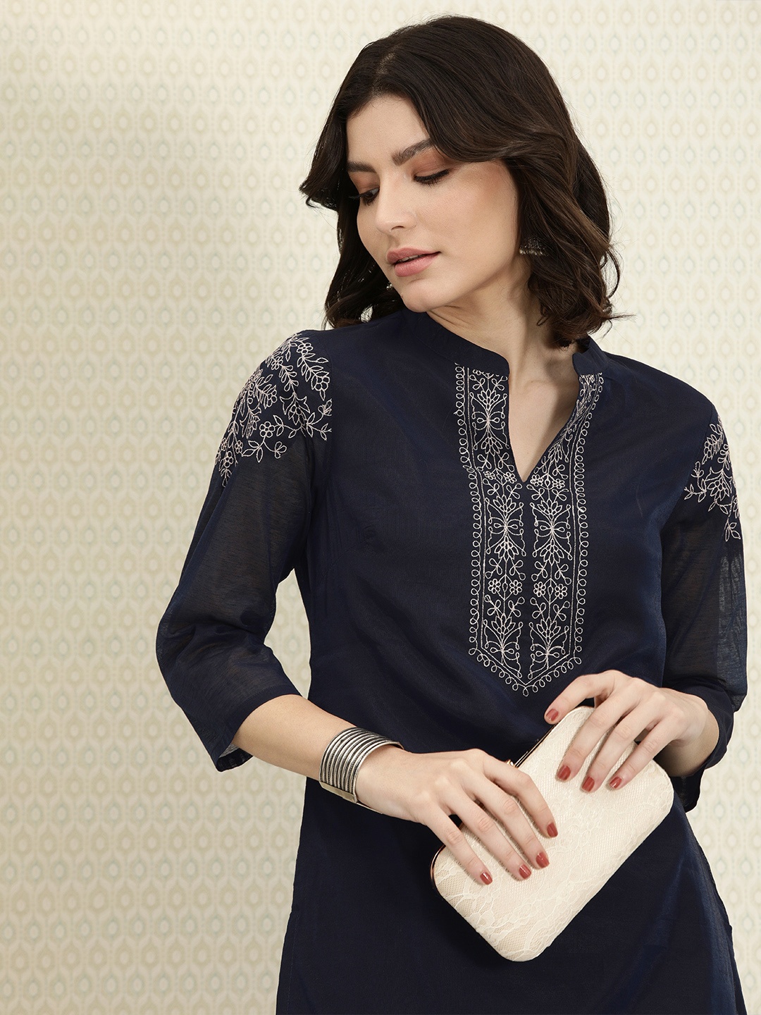 

House of Pataudi Women Blue Embroidered Rozana Kurta with Trousers