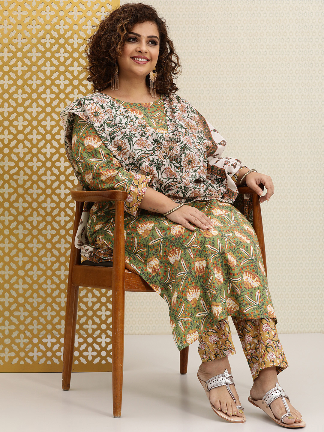

House of Pataudi Women Mustard Yellow Ethnic Motifs Printed Pure Cotton Kurta with Palazzos & With Dupatta