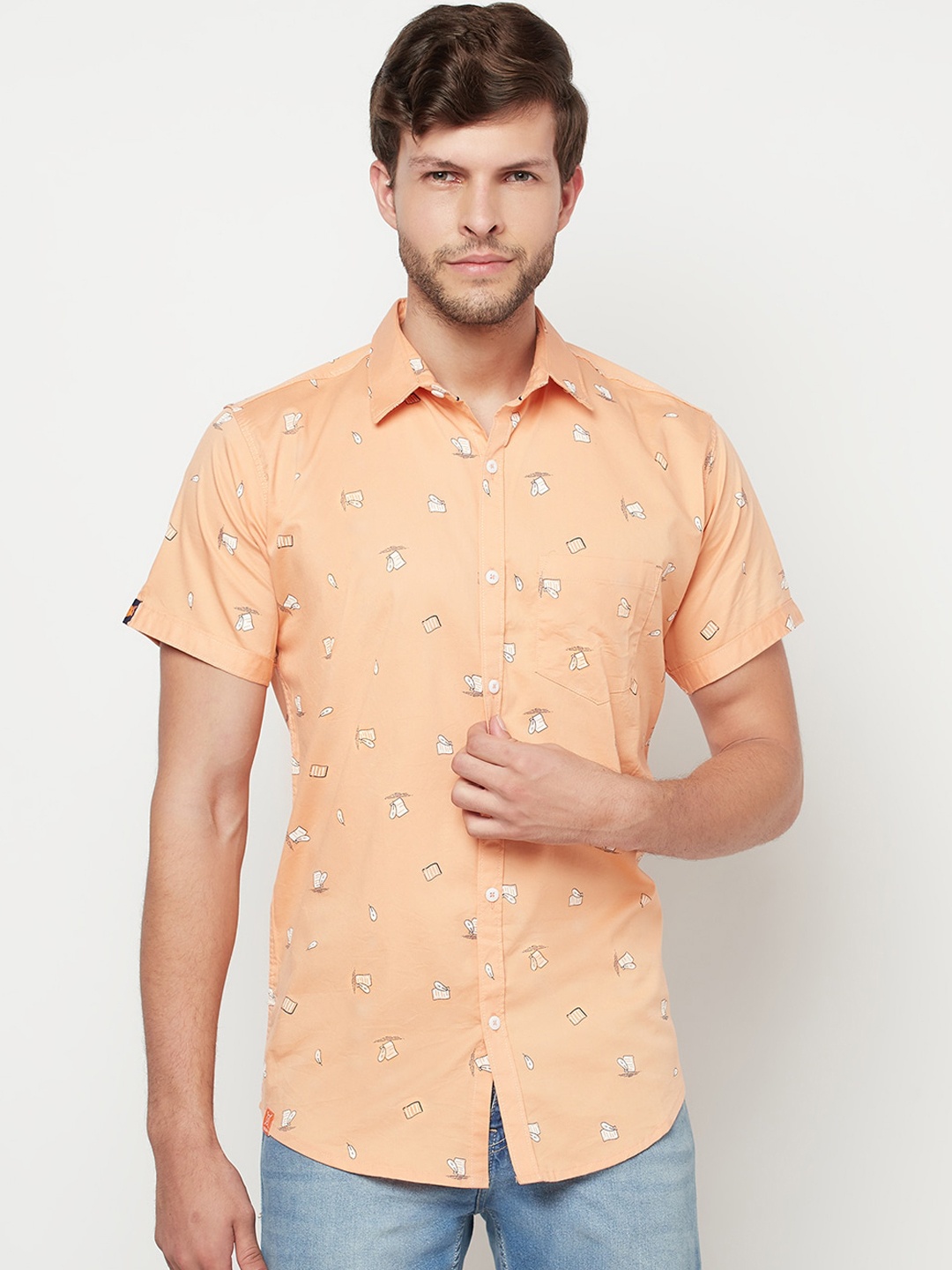 

Purple State Men Orange & White Slim Fit Opaque Printed Casual Shirt