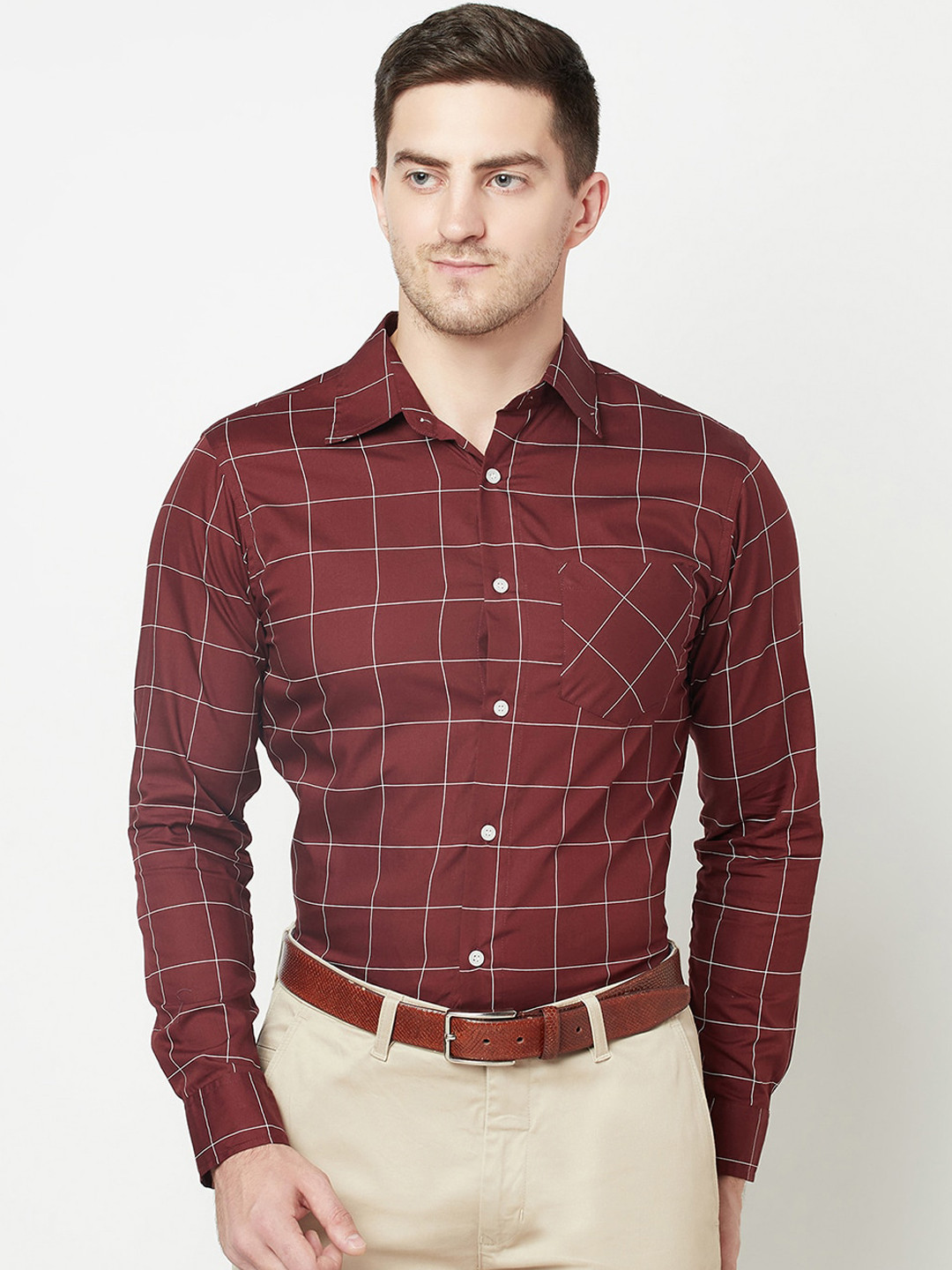 

Purple State Men Maroon Slim Fit Windowpane Checks Opaque Checked Casual Shirt