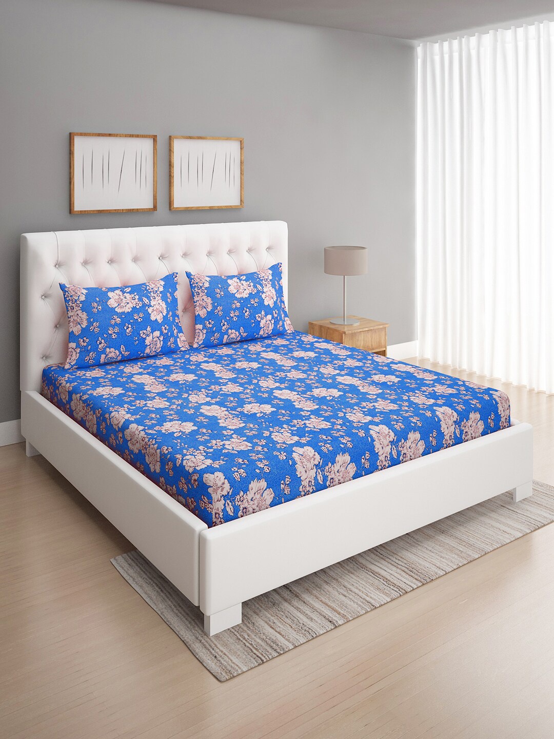 

ROMEE Blue & Grey Floral Printed 144 TC Microfiber Queen Bedsheet with 2 Pillow Covers