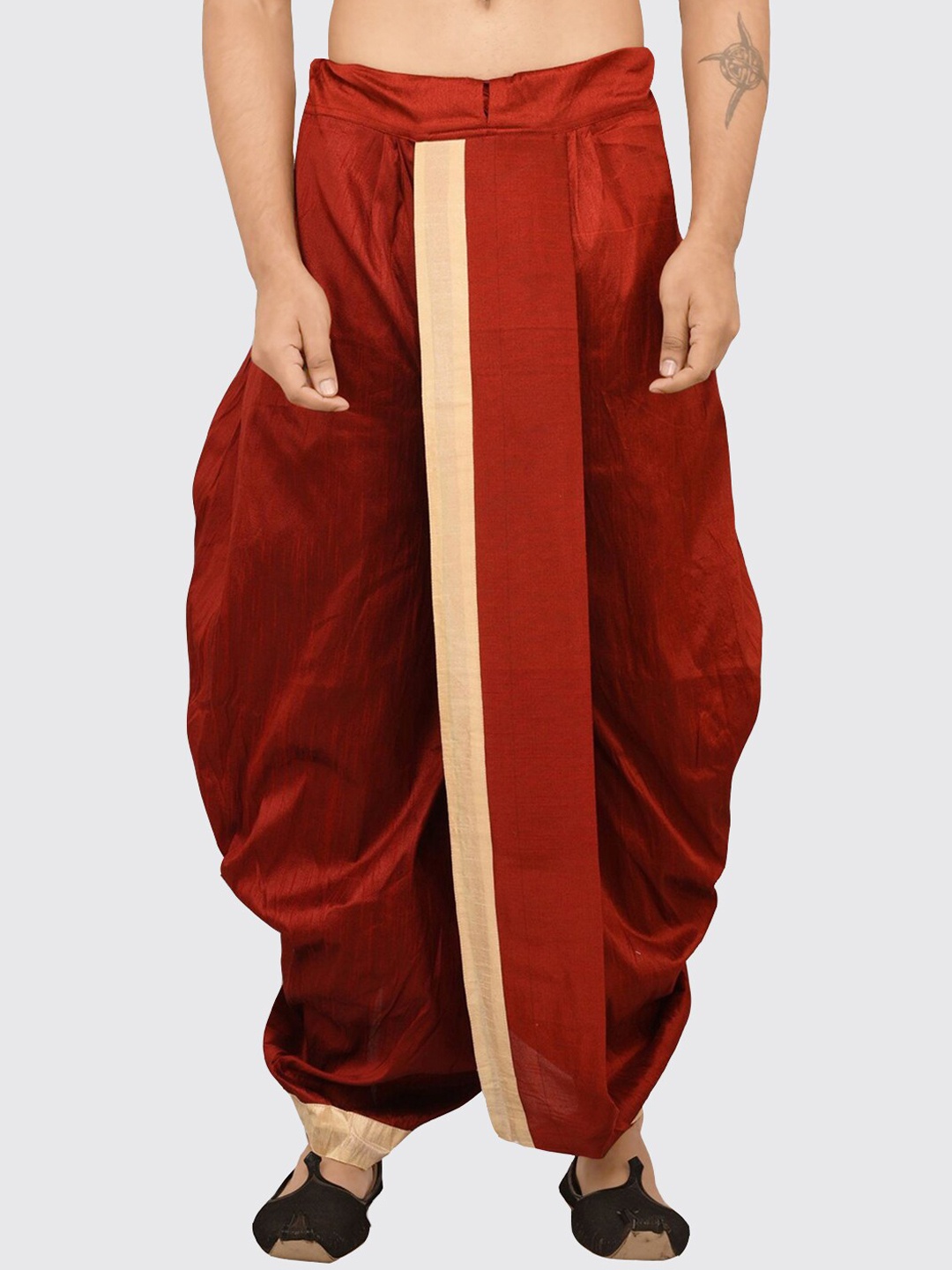 

Sanwara Men Red & Gold-Toned Solid Relaxed-Fit Art Silk Dhoti Pants