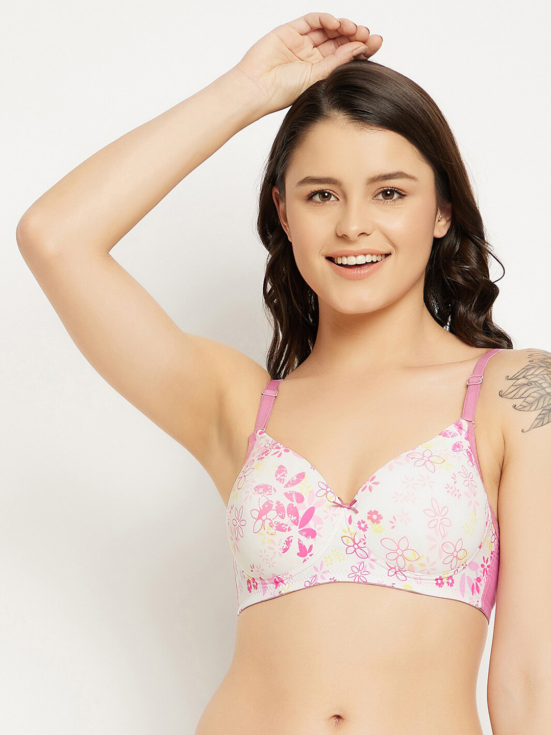 

Clovia White & Pink Floral Printed Lightly Padded T-shirt Bra