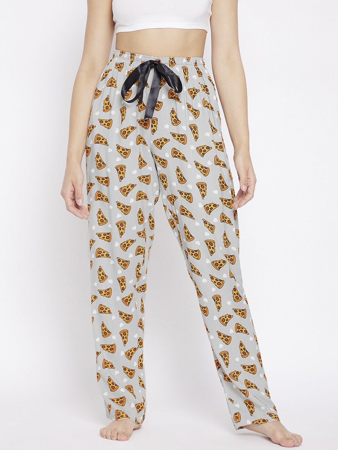 

Clovia Women Grey & Orange Printed Mid Rise Lounge Pants