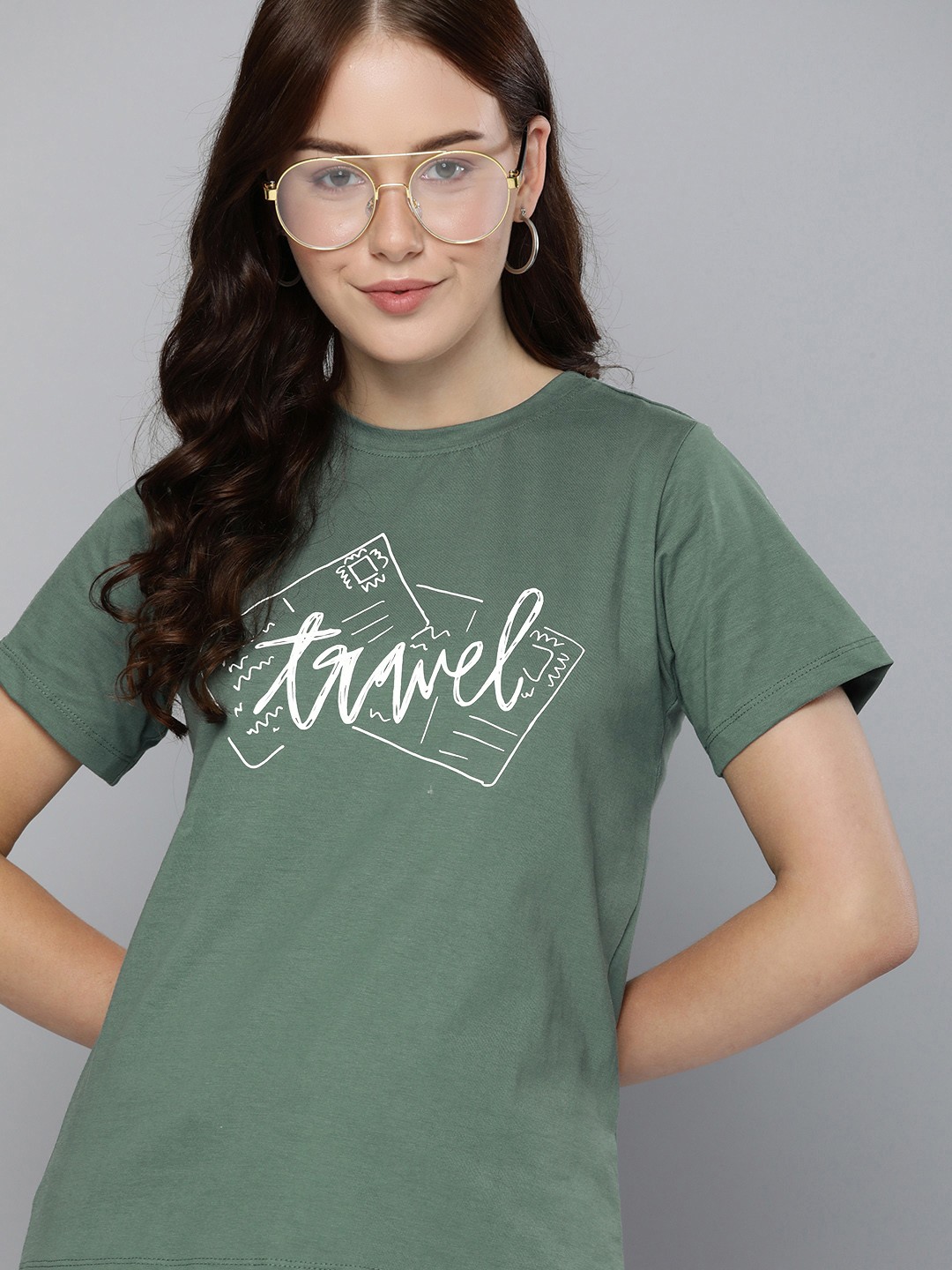 

Mast & Harbour Women Green Typography Printed Pure Cotton T-shirt