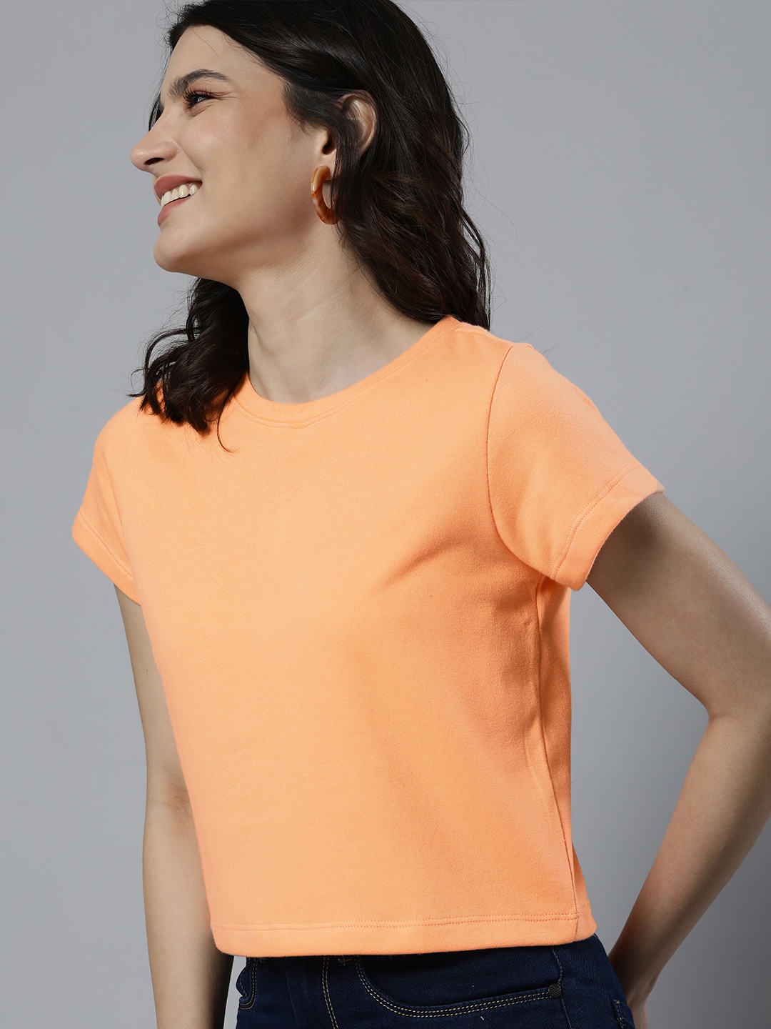 

Mast & Harbour Women Peach-Coloured Solid Pure Cotton Crop T-shirt