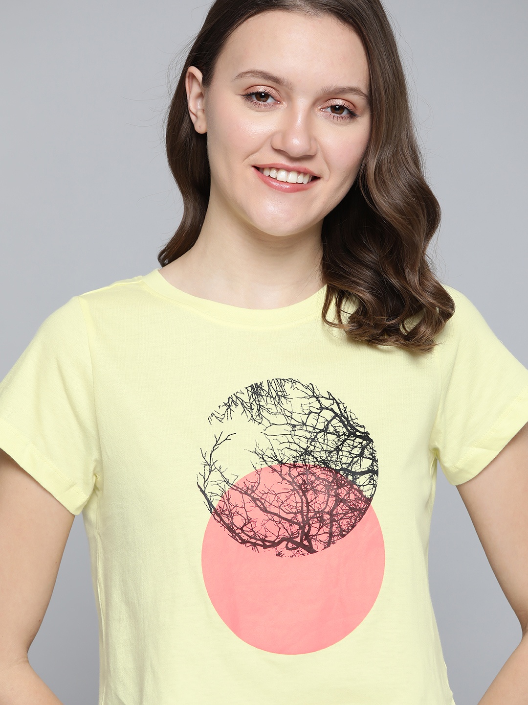 

Mast & Harbour Women Yellow & Pink Printed Cotton T-shirt