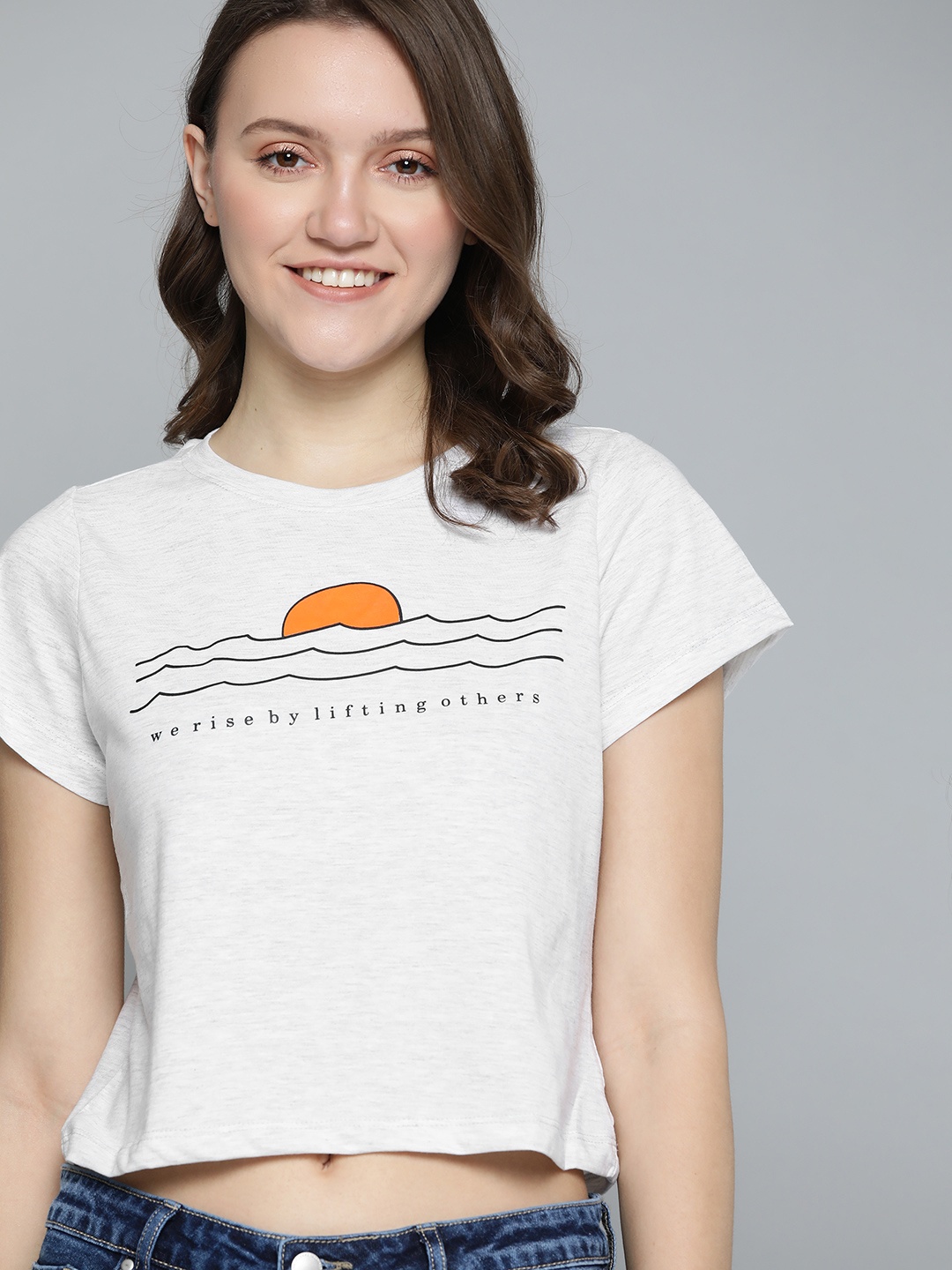 

Mast & Harbour Women Grey Melange Pure Cotton Typography Printed Cropped T-shirt