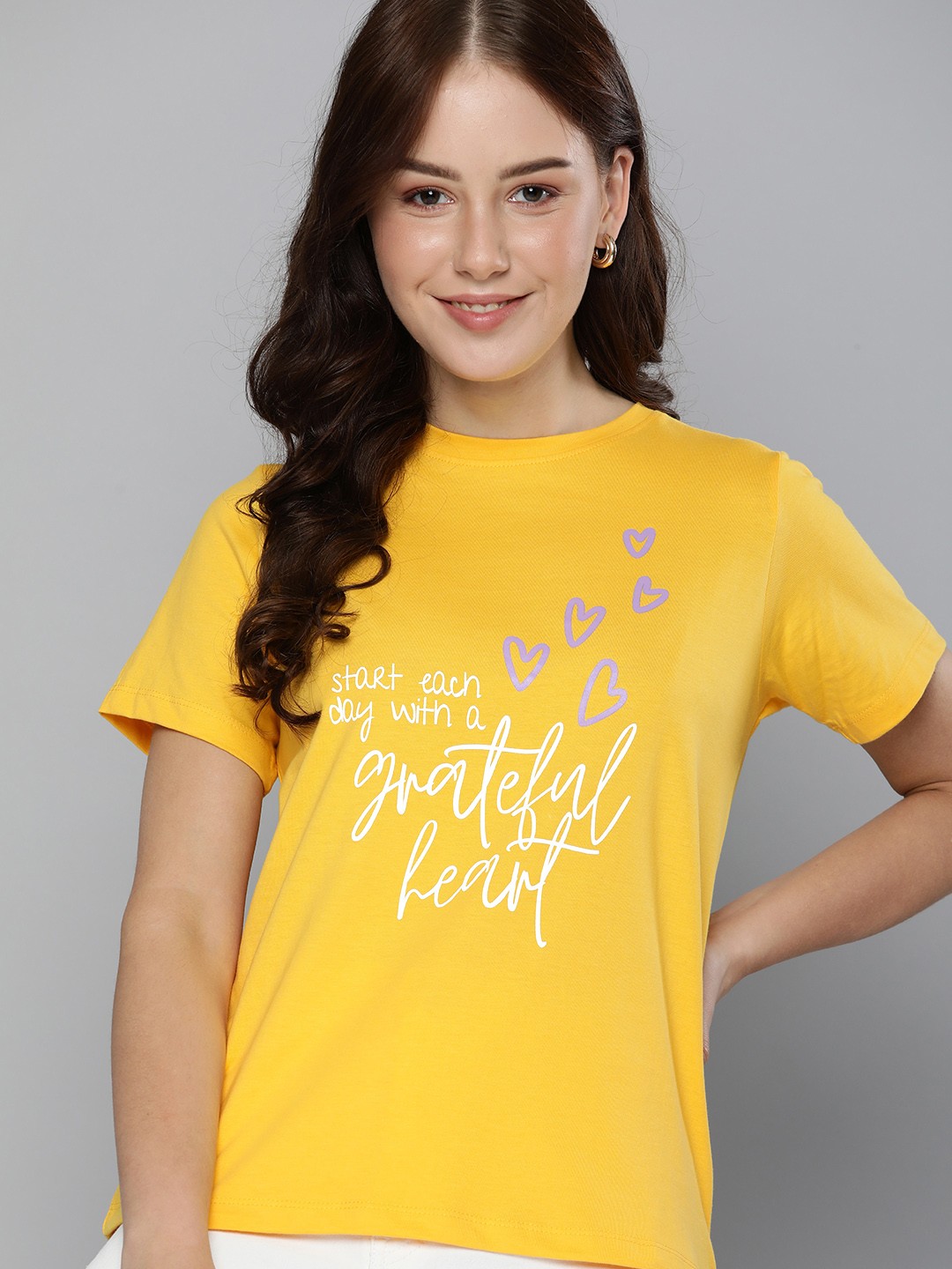 

Mast & Harbour Women Yellow Typography Printed Pure Cotton T-shirt